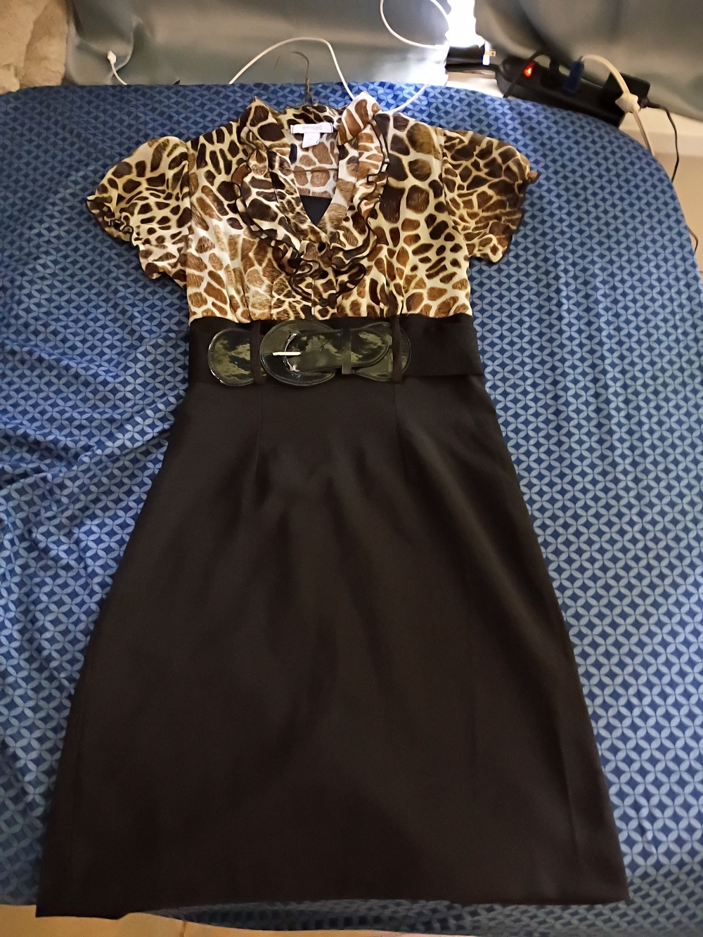 Dress Barn Leopard-Print Bodice Black Midi Dress with Waist Belt